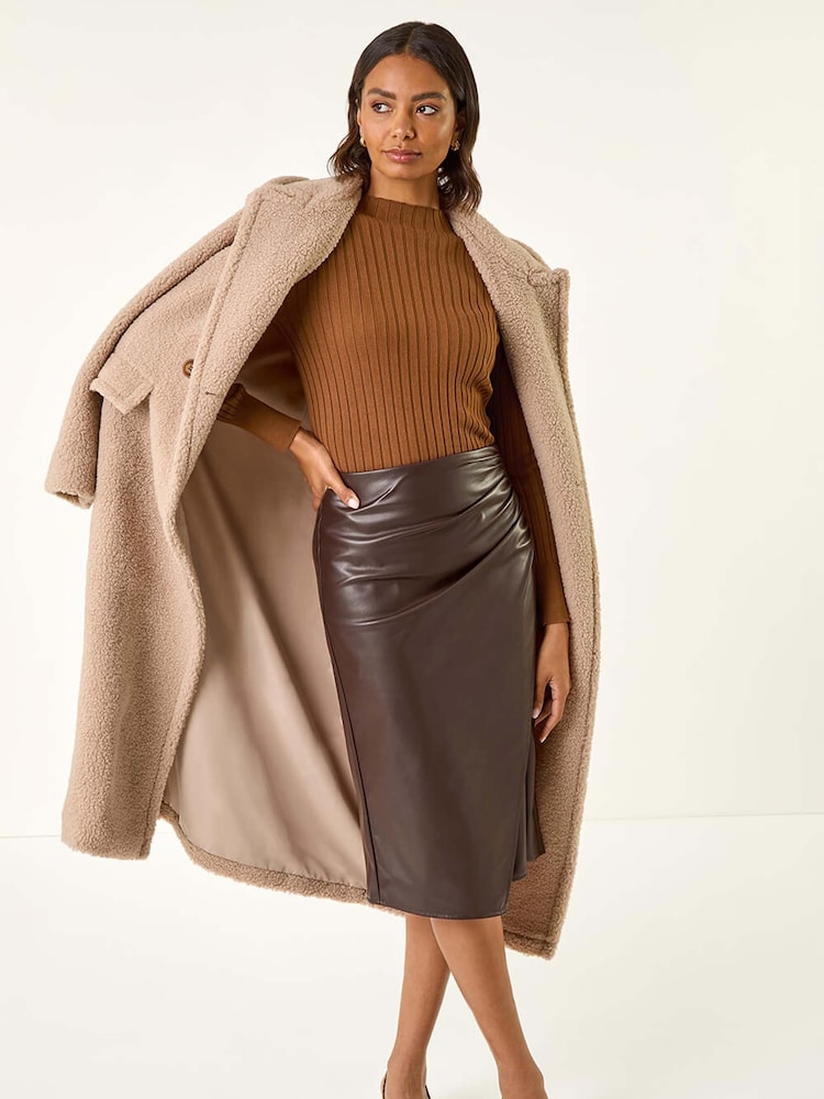 Roman Brown Faux Leather Ruched Wrap Skirt - Image 1 of 5