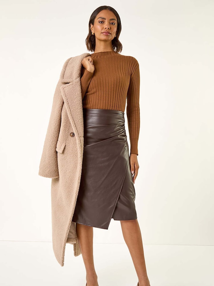 Roman Brown Faux Leather Ruched Wrap Skirt - Image 2 of 5