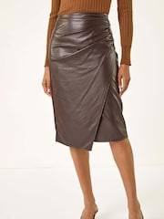 Roman Brown Faux Leather Ruched Wrap Skirt - Image 4 of 5