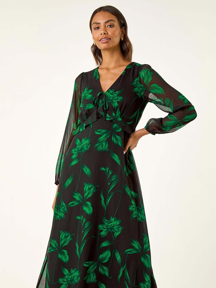 Roman Green Floral Frill Chiffon Midi Dress - Image 1 of 5 Roman Green Floral Frill Chiffon Midi Dress - Image 1 of 5