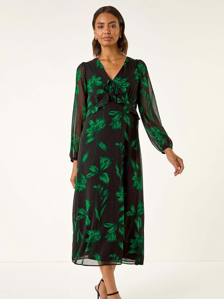 Roman Green Floral Frill Chiffon Midi Dress - Image 2 of 5 Roman Green Floral Frill Chiffon Midi Dress - Image 2 of 5