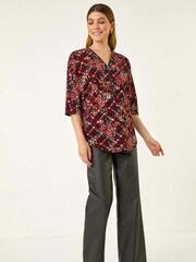 Roman Red Textured Floral Print Stretch Blouse - Image 1 of 5