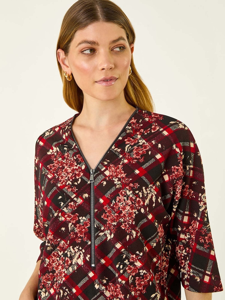 Roman Red Textured Floral Print Stretch Blouse - Image 2 of 5 Roman Red Textured Floral Print Stretch Blouse - Image 2 of 5