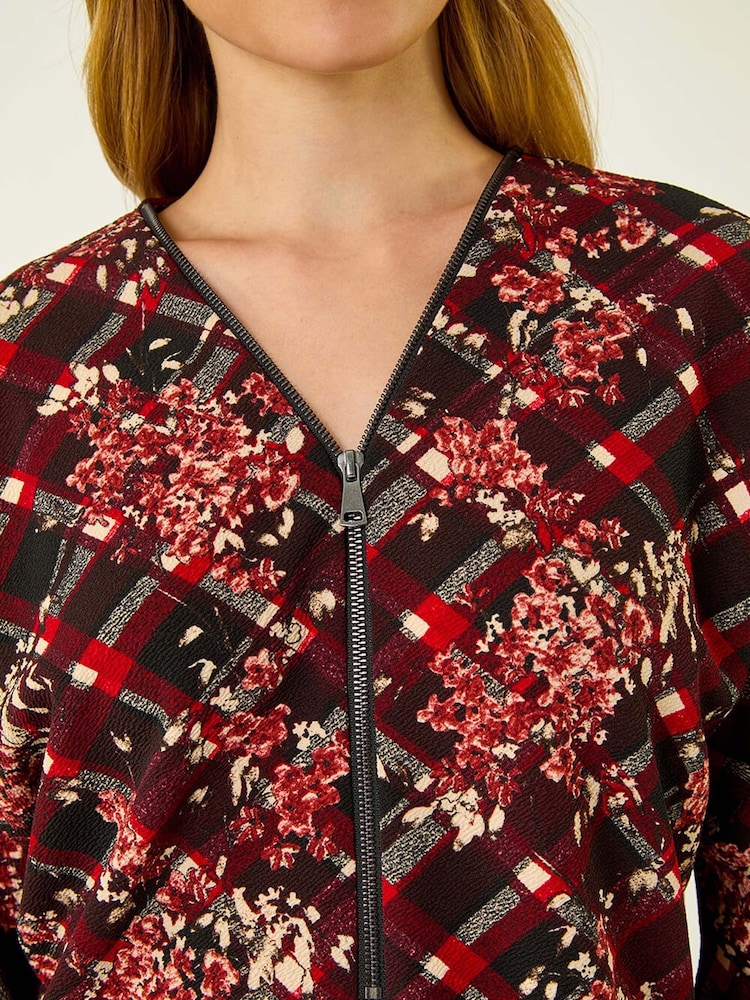 Roman Red Textured Floral Print Stretch Blouse - Image 5 of 5