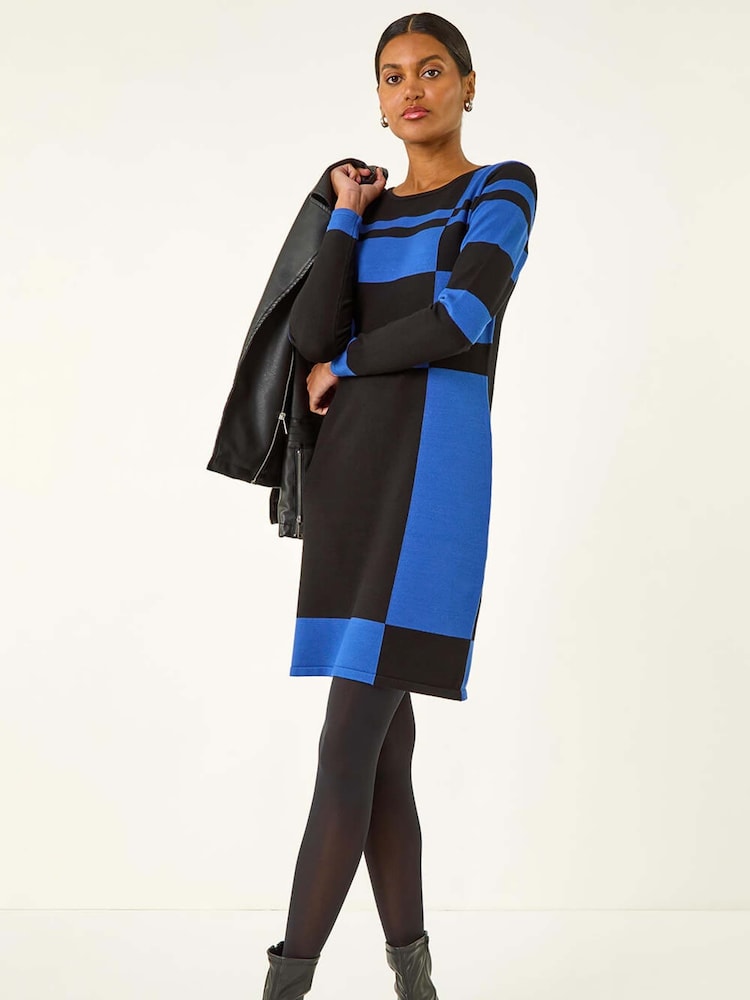 Roman Blue Colour Block Knitted Dress - Image 1 of 5 Roman Blue Colour Block Knitted Dress - Image 1 of 5