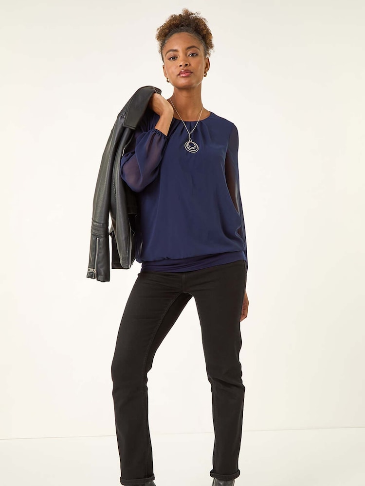Roman Blue Chiffon Banded Hem Pleated Blouse - Image 1 of 5 Roman Blue Chiffon Banded Hem Pleated Blouse - Image 1 of 5