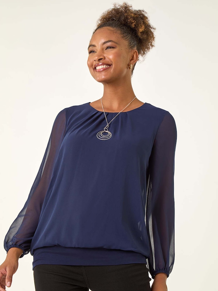 Roman Blue Chiffon Banded Hem Pleated Blouse - Image 2 of 5