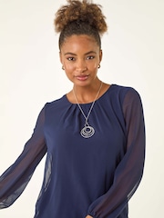 Roman Blue Chiffon Banded Hem Pleated Blouse - Image 4 of 5