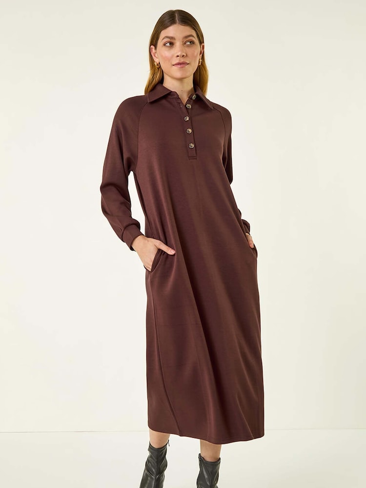 Roman Brown Buttoned Collar Midi Dress - Image 2 of 6 Roman Brown Buttoned Collar Midi Dress - Image 2 of 6