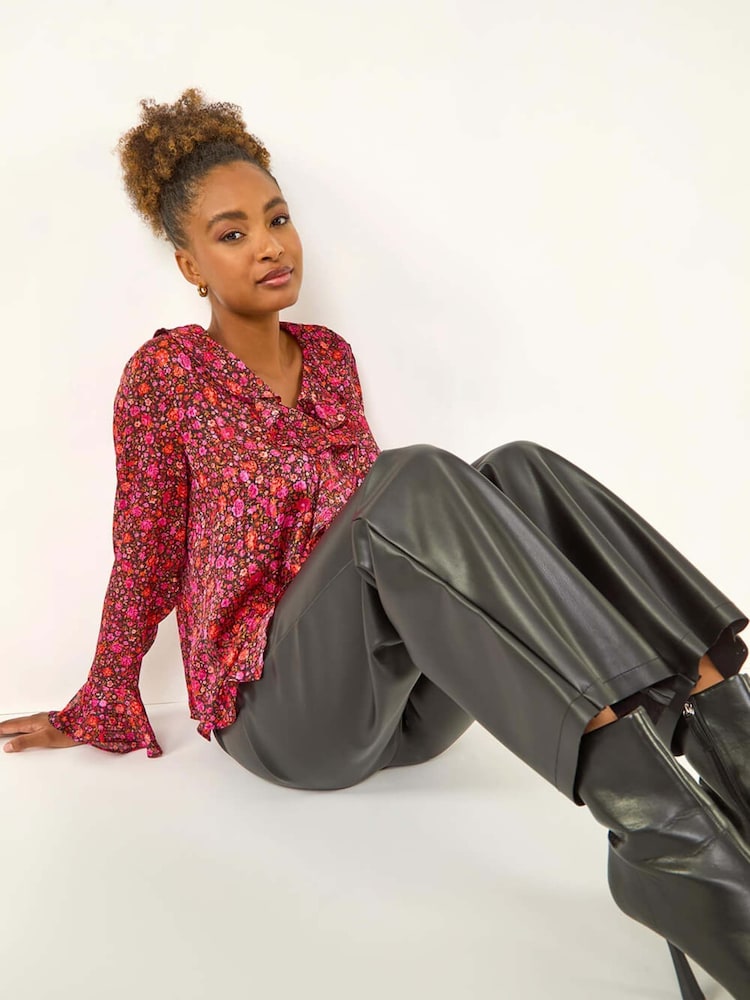 Roman Pink Floral Frill Metallic Blouse - Image 1 of 5
