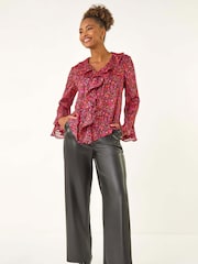 Roman Pink Floral Frill Metallic Blouse - Image 2 of 5