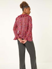 Roman Pink Floral Frill Metallic Blouse - Image 3 of 5