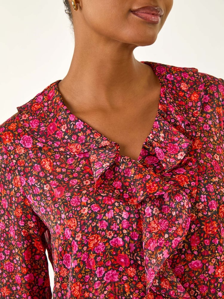 Roman Pink Floral Frill Metallic Blouse - Image 5 of 5