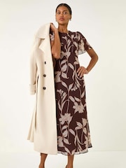 Roman Brown Floral Print Flutter Sleeve Midi Dress - Image 1 of 5
