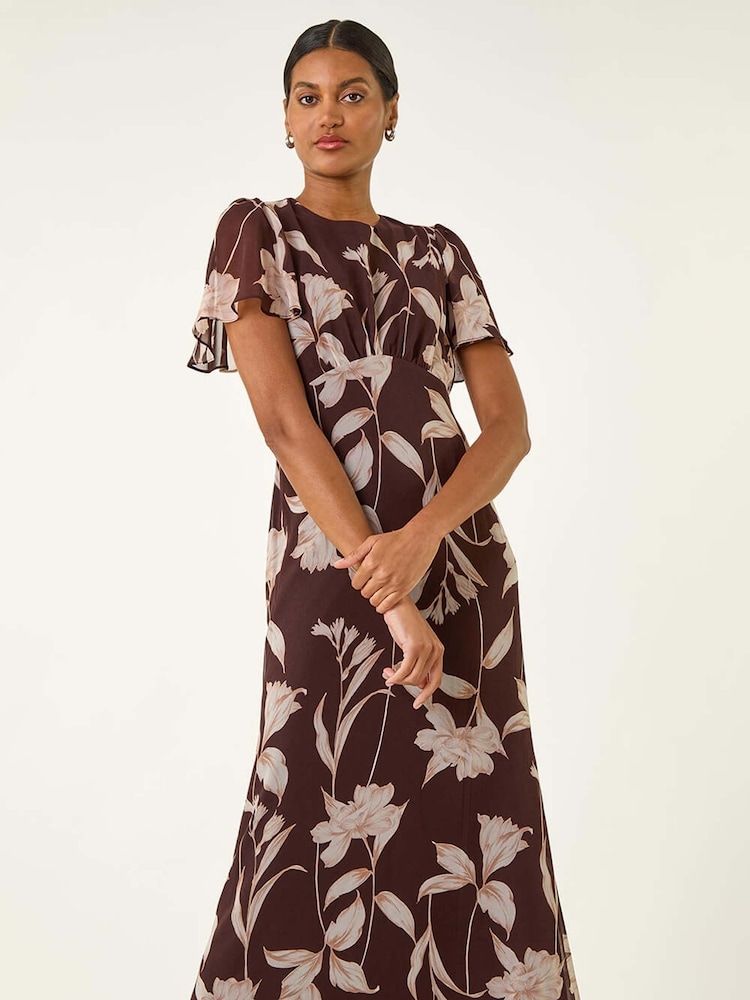 Roman Brown Floral Print Flutter Sleeve Midi Dress - Image 2 of 5