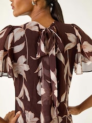 Roman Brown Floral Print Flutter Sleeve Midi Dress - Image 4 of 5