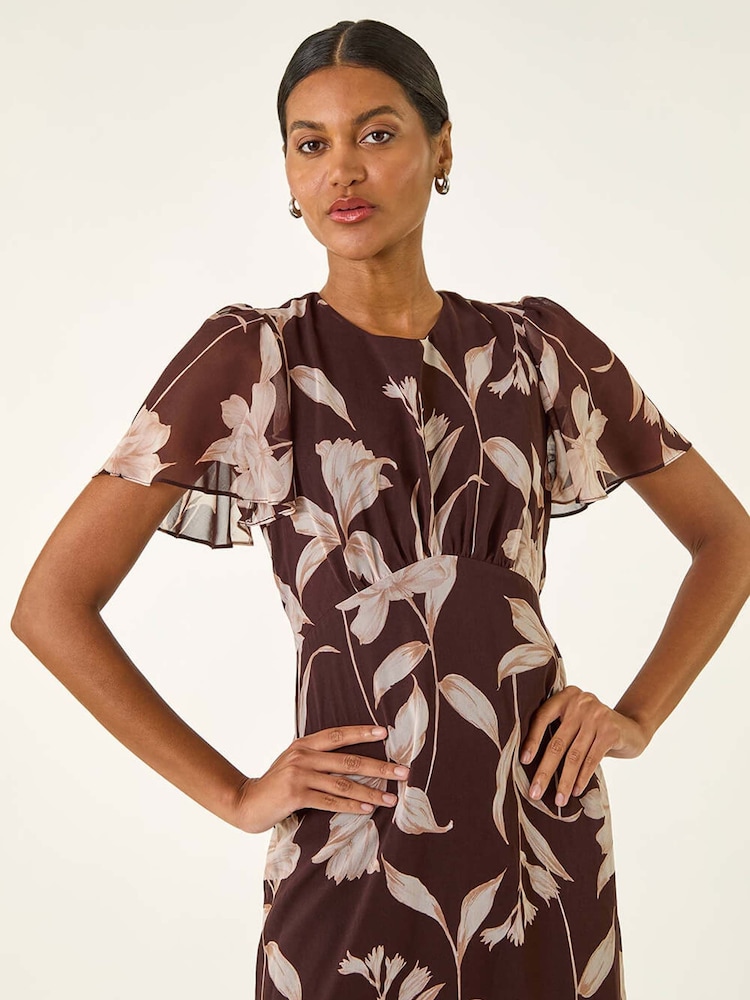 Roman Brown Floral Print Flutter Sleeve Midi Dress - Image 5 of 5