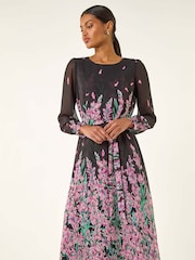 Roman Pink Floral Border Print Belted Midi Dress - Image 1 of 5