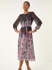 Roman Pink Floral Border Print Belted Midi Dress - Image 2 of 5