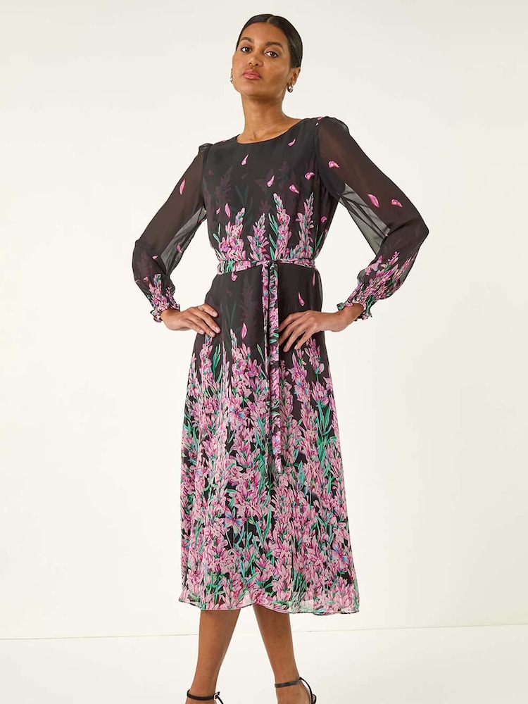 Roman Pink Floral Border Print Belted Midi Dress - Image 2 of 5