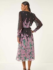 Roman Pink Floral Border Print Belted Midi Dress - Image 3 of 5