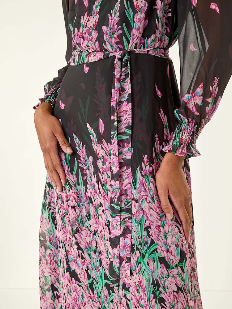 Roman Pink Floral Border Print Belted Midi Dress - Image 5 of 5