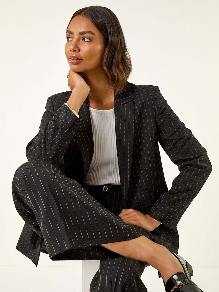 Roman Black Pinstripe Wide Leg Trousers - Image 1 of 5 Roman Black Pinstripe Wide Leg Trousers - Image 1 of 5