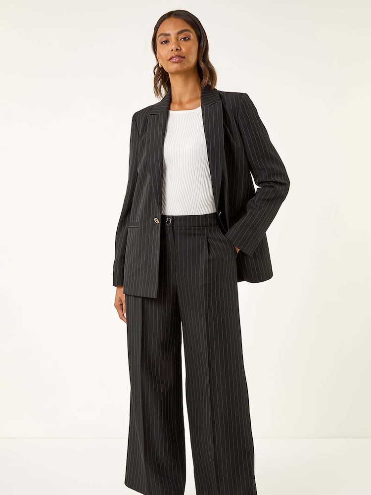 Roman Black Pinstripe Wide Leg Trousers - Image 2 of 5 Roman Black Pinstripe Wide Leg Trousers - Image 2 of 5