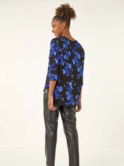 Roman Blue Floral Print Round Hem Blouse - Image 3 of 5