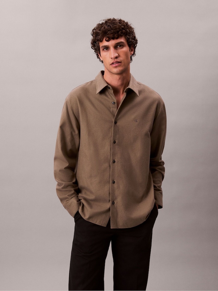 Calvin Klein Green Melange Flannel Relaxed Button-Down Shirt - Image 1 of 5 Calvin Klein Green Melange Flannel Relaxed Button-Down Shirt - Image 1 of 5