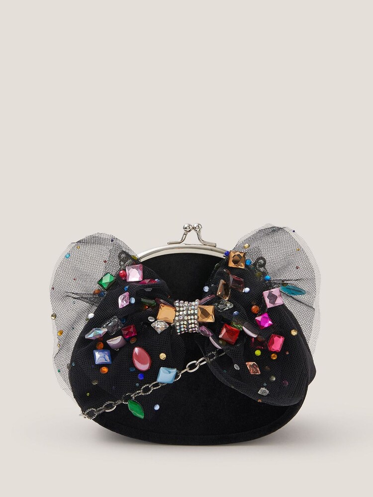 Monsoon Black Bejewelled Bow Clip Frame Bag - Image 1 of 4