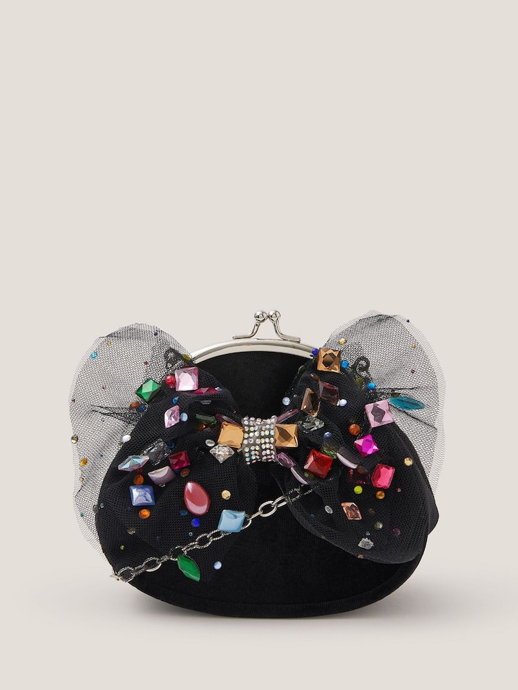 Monsoon Black Bejewelled Bow Clip Frame Bag - Image 1 of 4 Monsoon Black Bejewelled Bow Clip Frame Bag - Image 1 of 4