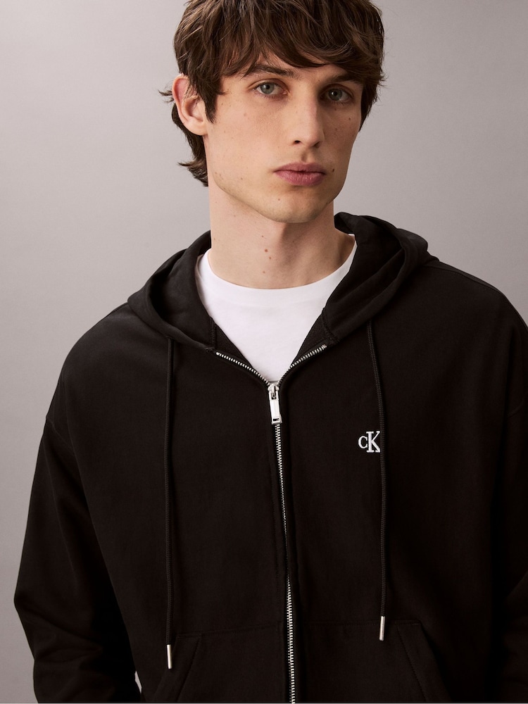 Calvin Klein Black Premium Terry Relaxed Zip Hoodie - Image 2 of 6 Calvin Klein Black Premium Terry Relaxed Zip Hoodie - Image 2 of 6