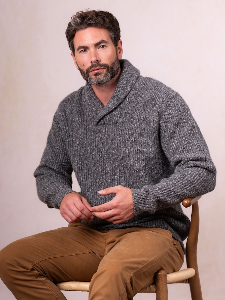 Lakeland Clothing Grey Skiddaw Shawl Neck Wool Blend Jumper - Image 2 of 6