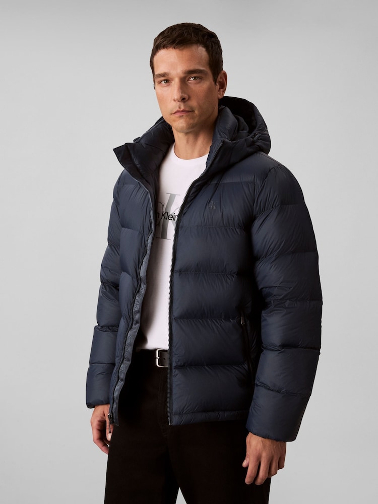 Calvin Klein Blue Hooded Down Puffer Jacket - Image 1 of 6 Calvin Klein Blue Hooded Down Puffer Jacket - Image 1 of 6