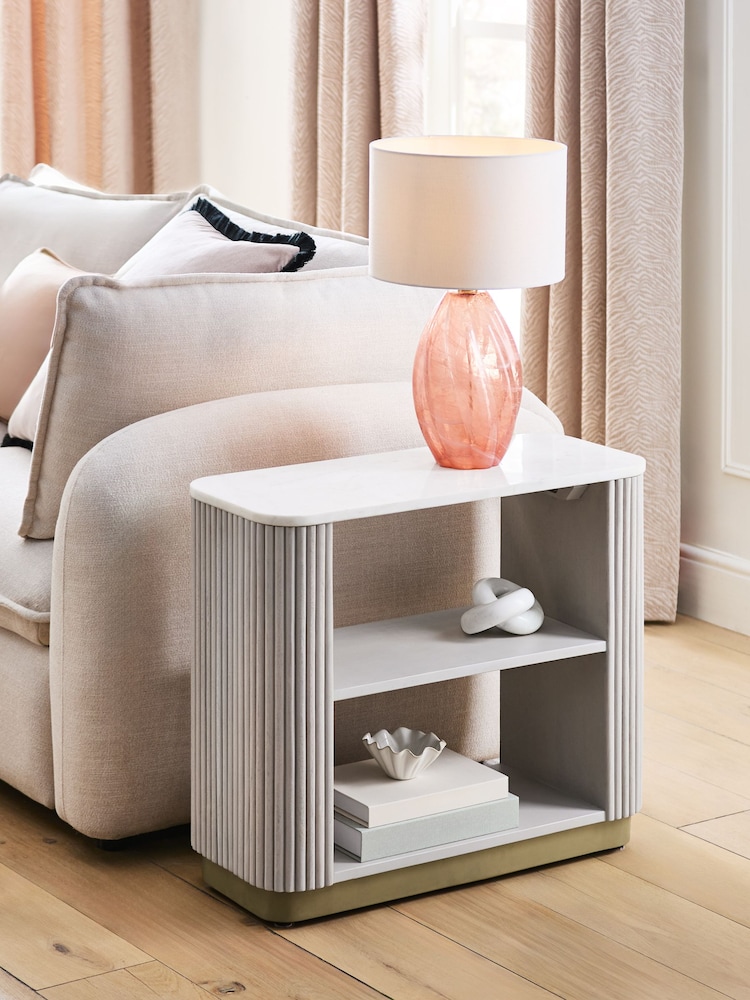 Light Grey Valencia Marble and Mango Wood Sofa Side Table - Image 1 of 7