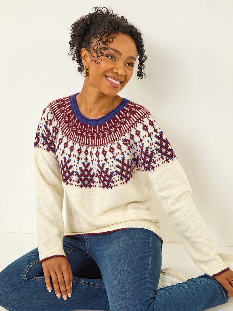Roman White Petite Fairisle Neppy Knit Jumper - Image 1 of 5 Roman White Petite Fairisle Neppy Knit Jumper - Image 1 of 5