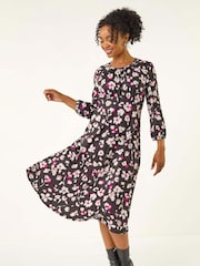 Roman Black Petite Floral Gathered Midi Dress - Image 2 of 5