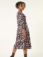 Roman Black Petite Floral Gathered Midi Dress - Image 3 of 5