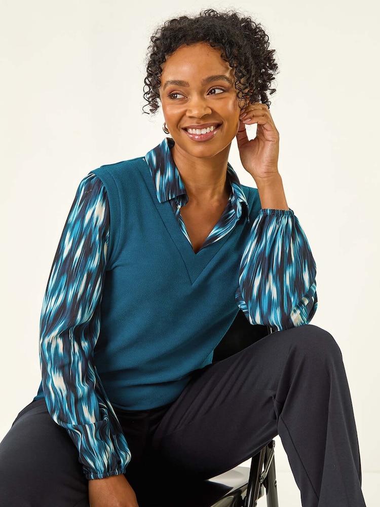 Roman Blue Petite Constrast V-Neck Shirt - Image 1 of 5 Roman Blue Petite Constrast V-Neck Shirt - Image 1 of 5