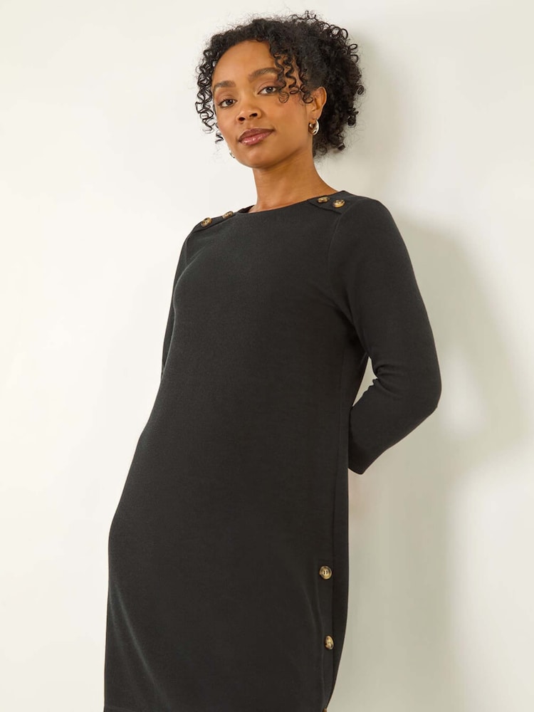 Roman Black Petite Buttoned Stretch Dress - Image 1 of 5 Roman Black Petite Buttoned Stretch Dress - Image 1 of 5