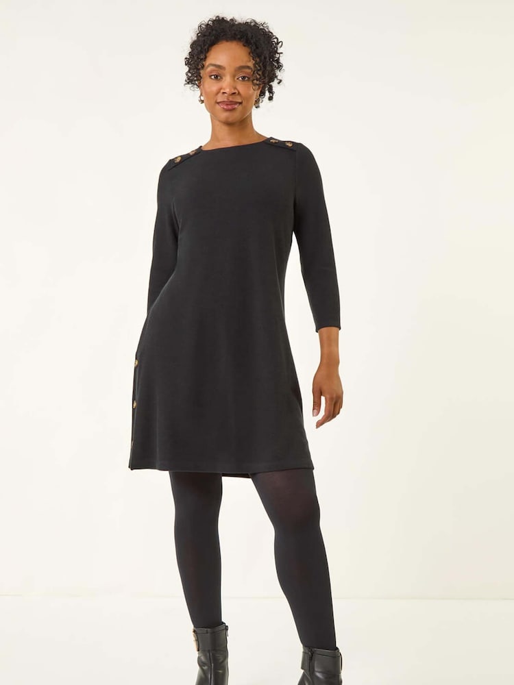 Roman Black Petite Buttoned Stretch Dress - Image 2 of 5 Roman Black Petite Buttoned Stretch Dress - Image 2 of 5