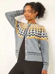 Roman Grey Petite Fair Isle Pattern Buttoned Knit Cardigan - Image 1 of 5