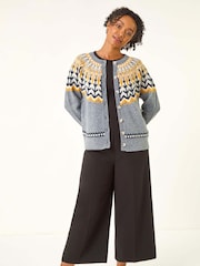 Roman Grey Petite Fair Isle Pattern Buttoned Knit Cardigan - Image 2 of 5