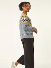 Roman Grey Petite Fair Isle Pattern Buttoned Knit Cardigan - Image 3 of 5
