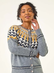 Roman Grey Petite Fair Isle Pattern Buttoned Knit Cardigan - Image 4 of 5