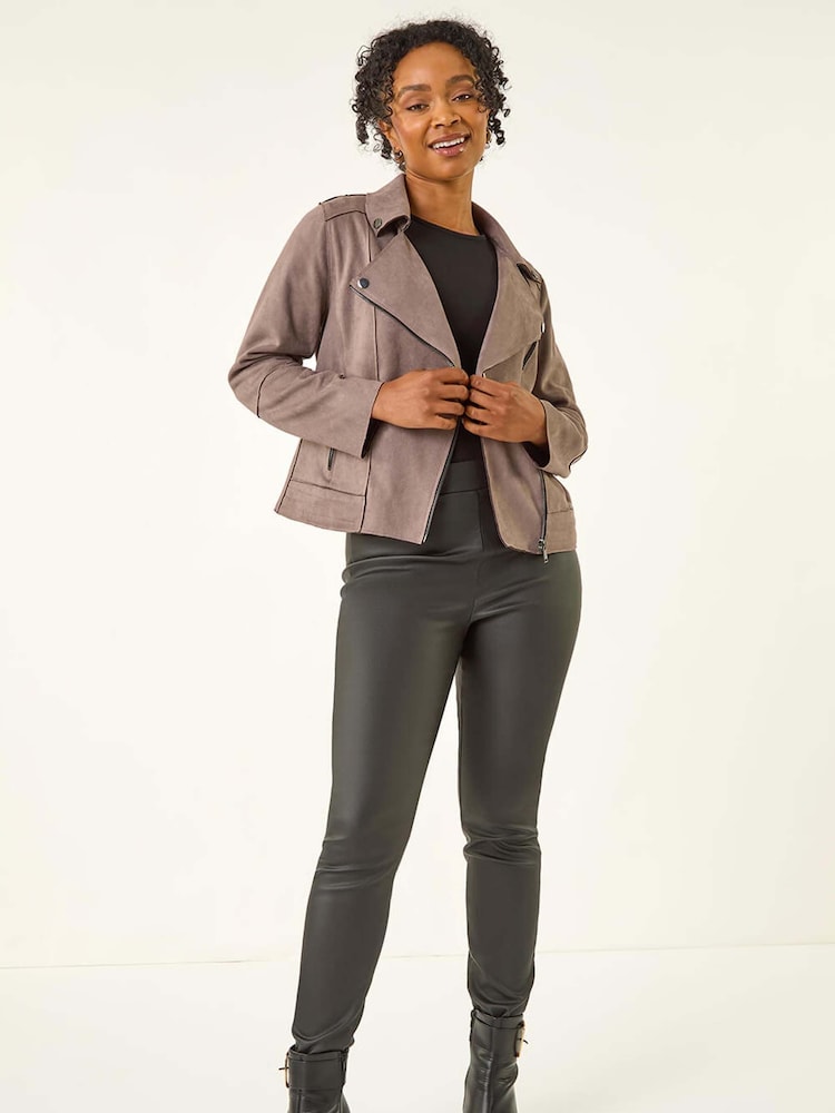 Roman Brown Petite Suedette Biker Jacket - Image 1 of 5 Roman Brown Petite Suedette Biker Jacket - Image 1 of 5