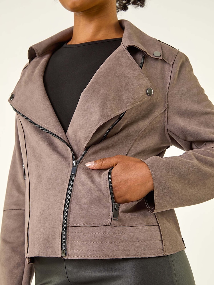 Roman Brown Petite Suedette Biker Jacket - Image 5 of 5 Roman Brown Petite Suedette Biker Jacket - Image 5 of 5
