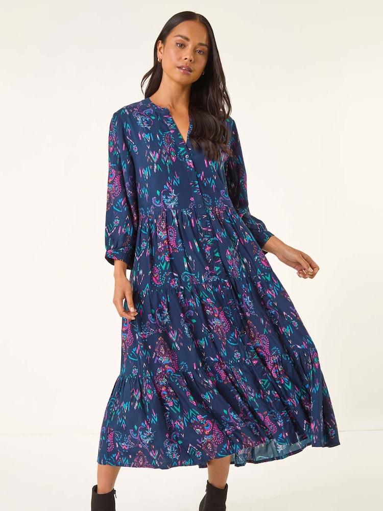 Roman Blue Petite Abstract Print Frill Dress - Image 1 of 5 Roman Blue Petite Abstract Print Frill Dress - Image 1 of 5