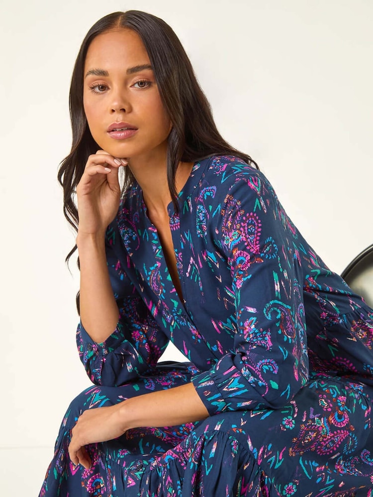 Roman Blue Petite Abstract Print Frill Dress - Image 2 of 5 Roman Blue Petite Abstract Print Frill Dress - Image 2 of 5